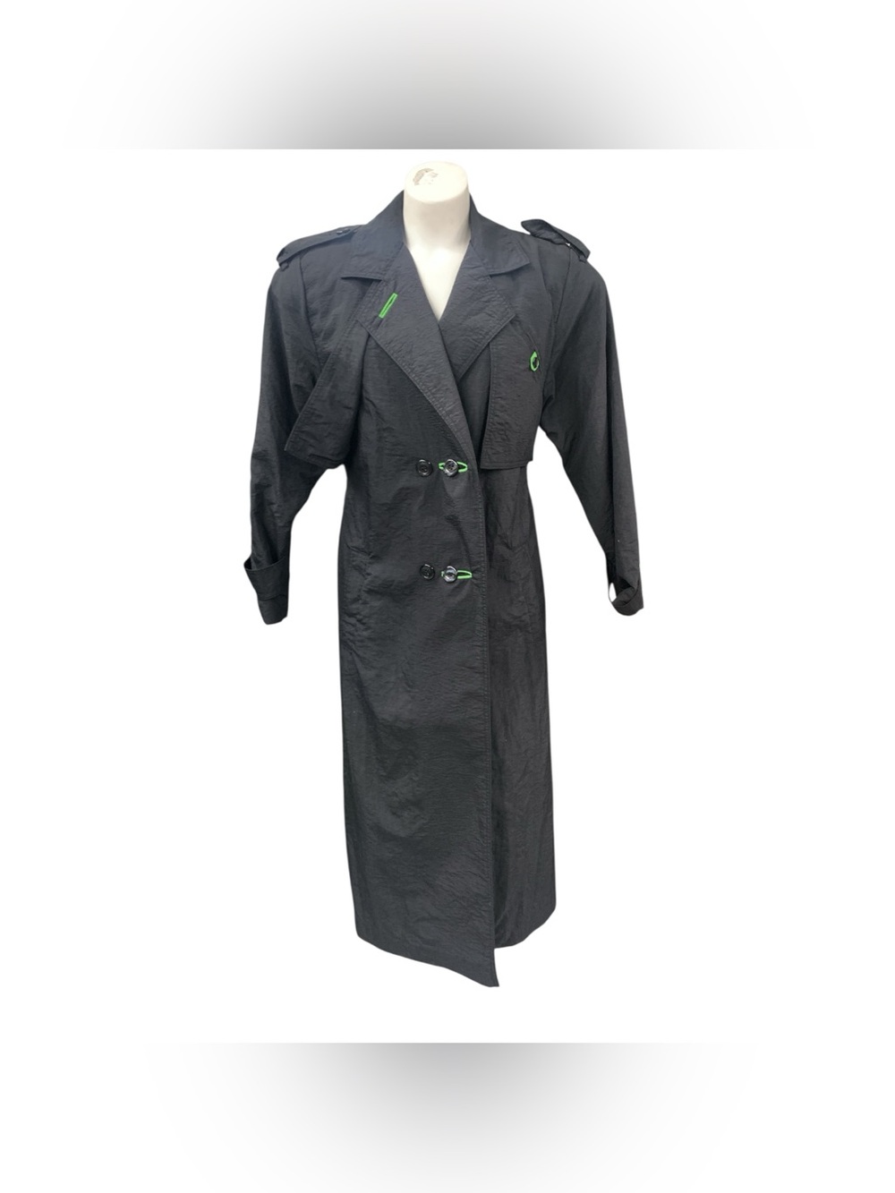 Collection Elegante Black Long Trench Coat with Green Trim -Size M